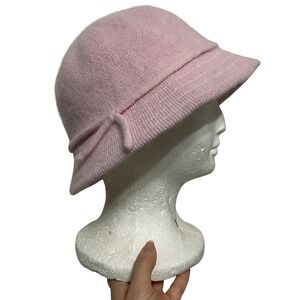 Women Fuzzy Baby Pink Rabbit Hair Cloche Bucket Hat with‎ Bow Retro Y2K Pastel